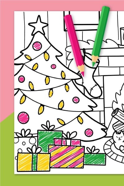 Christmas coloring page on pink and green background