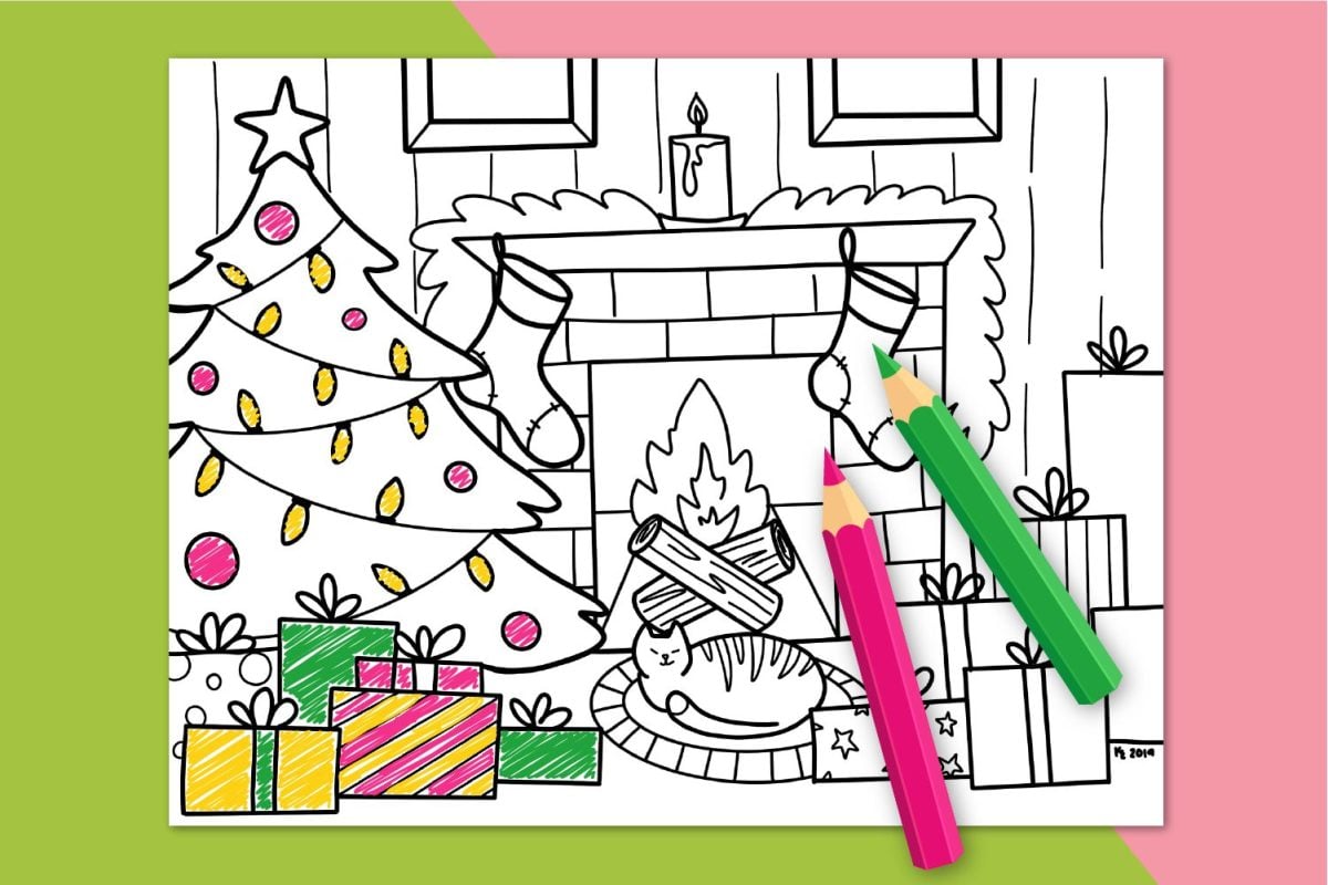 Christmas coloring page on pink and green background