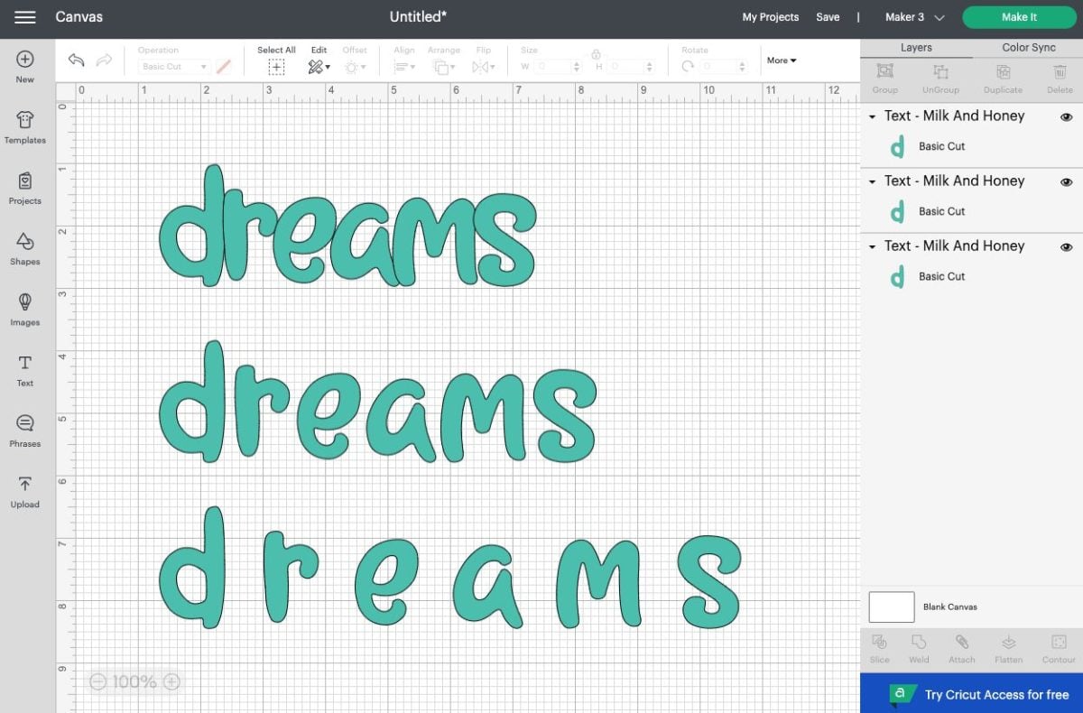 DS: "dreams" shown with different letter spacing.