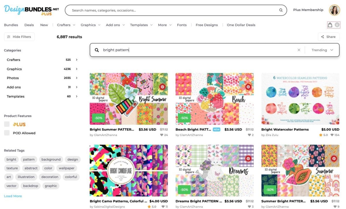 Screenshot of design bundles search for "bright patterns"