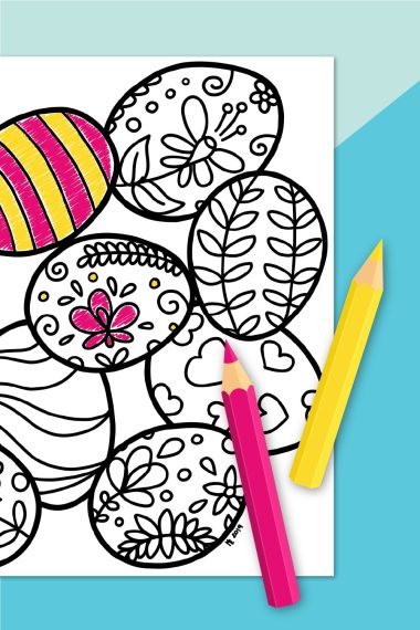 Easter egg coloring page on blue background