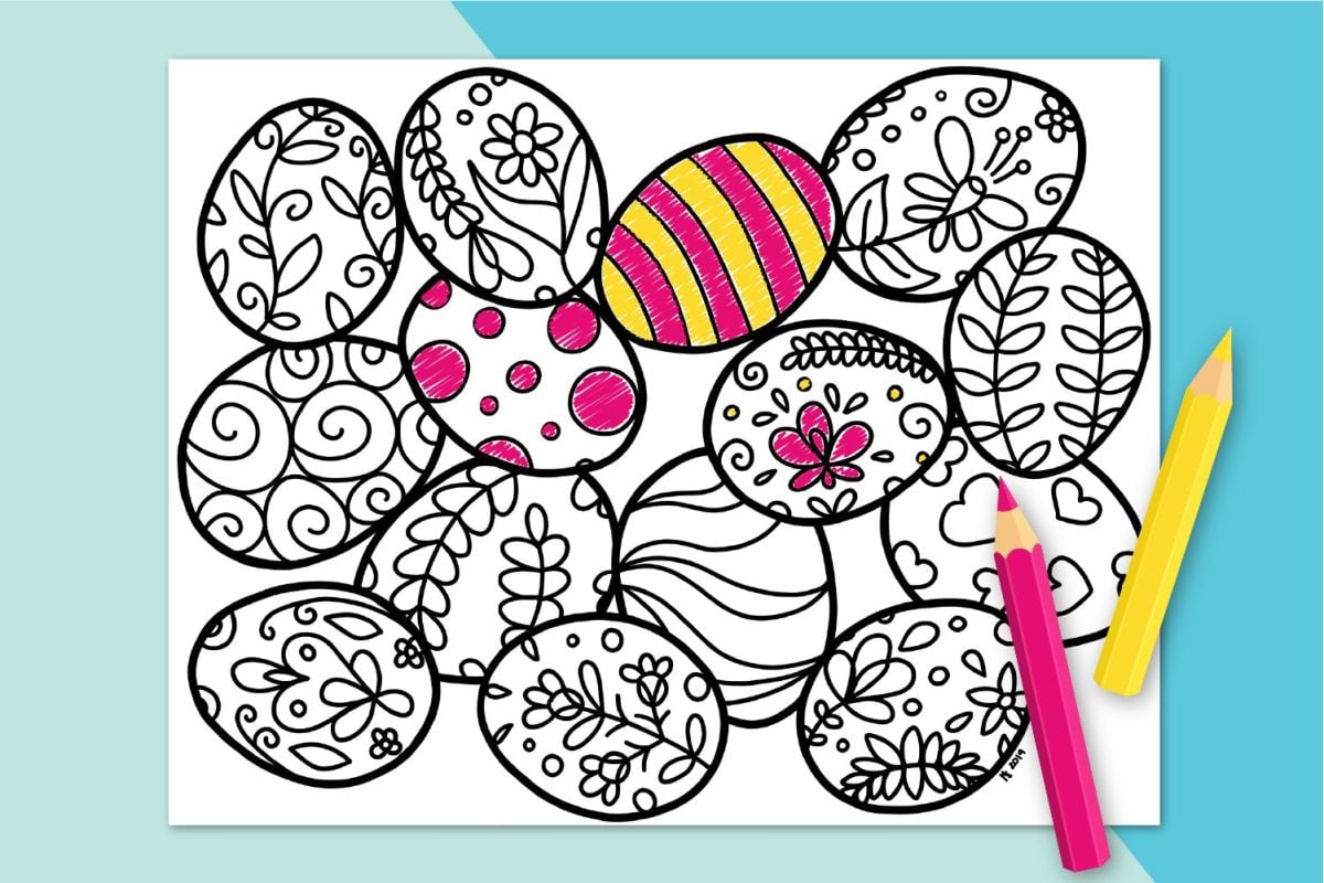 Easter egg coloring page on blue background