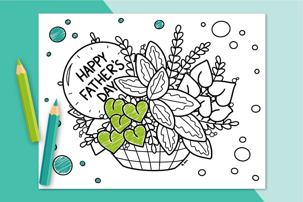 Father's Day Coloring Page on teal background with colored pencils