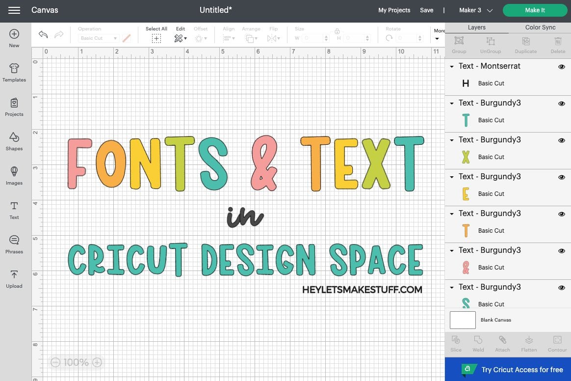 DS: Screenshot with Fonts & Text in Cricut Design Space in a rainbow of colors.