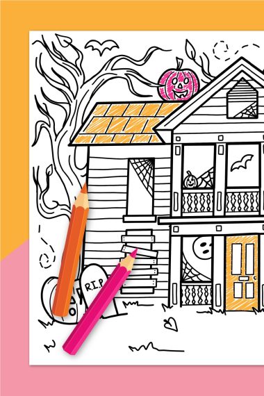 Halloween coloring page on pink and orange background