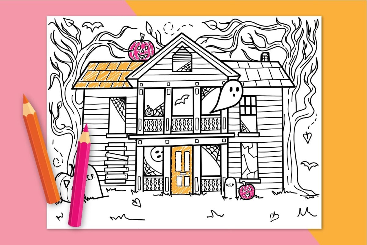 Halloween coloring page on pink and orange background