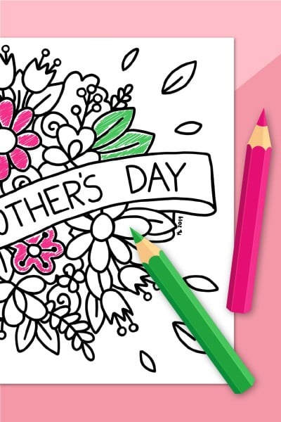 Mother's Day coloring page with pink and green colored pencils
