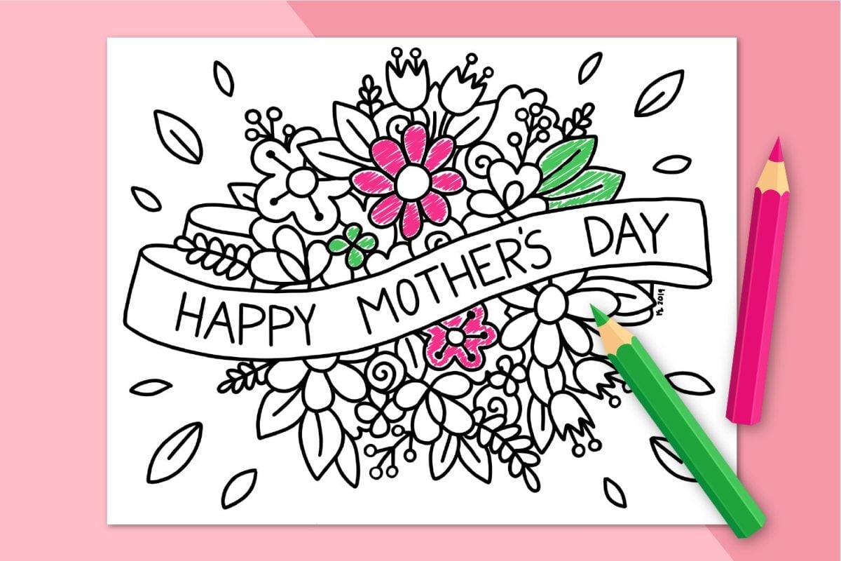 Mother's Day coloring page with pink and green colored pencils