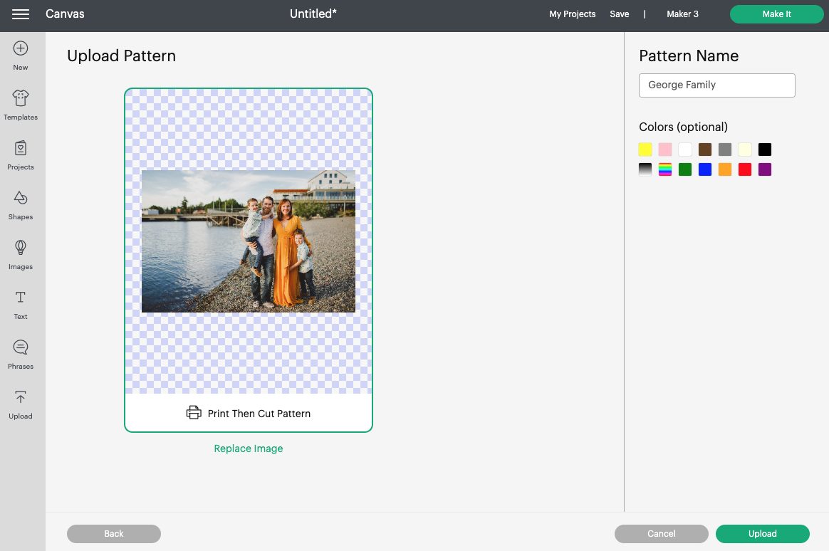 Cricut Design Space: Upload family photo as a pattern.