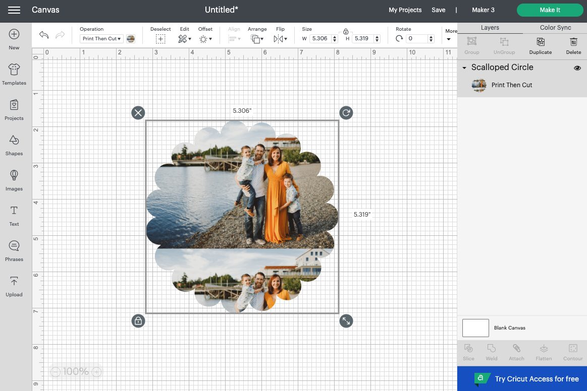 Cricut Design Space -scalloped circle with family photo off center and tiled.