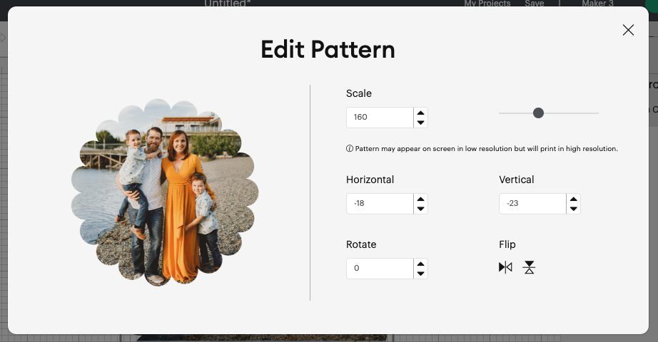 Cricut Design Space: Family in scalloped circle in pattern edit screen.