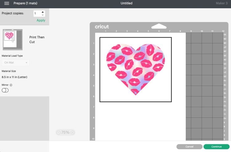 Cricut Design Space - Prepare Screen with heart.
