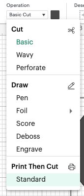 Cricut Design Space operation dropdown menu