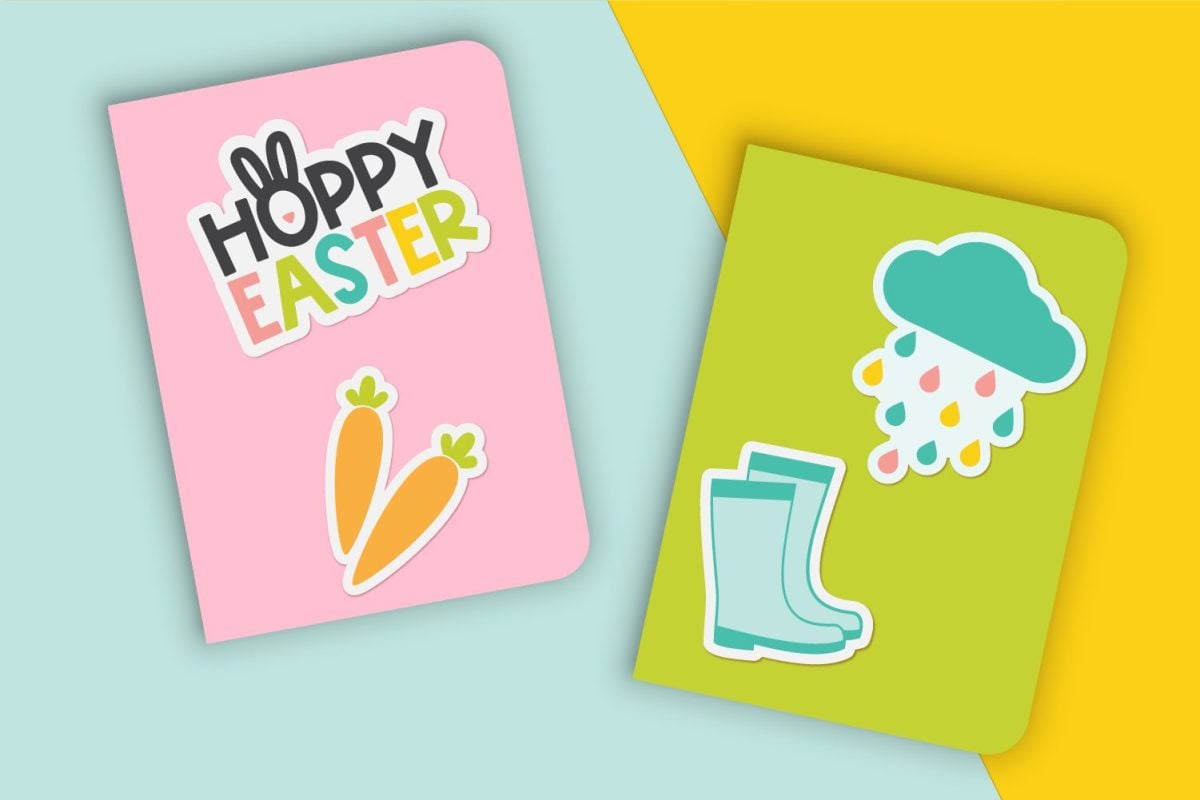 Spring and Easter stickers on pink and green notebooks.