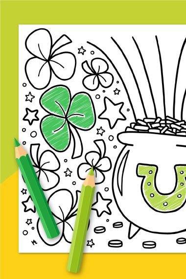 St. Patrick's Day coloring page on green and yellow background