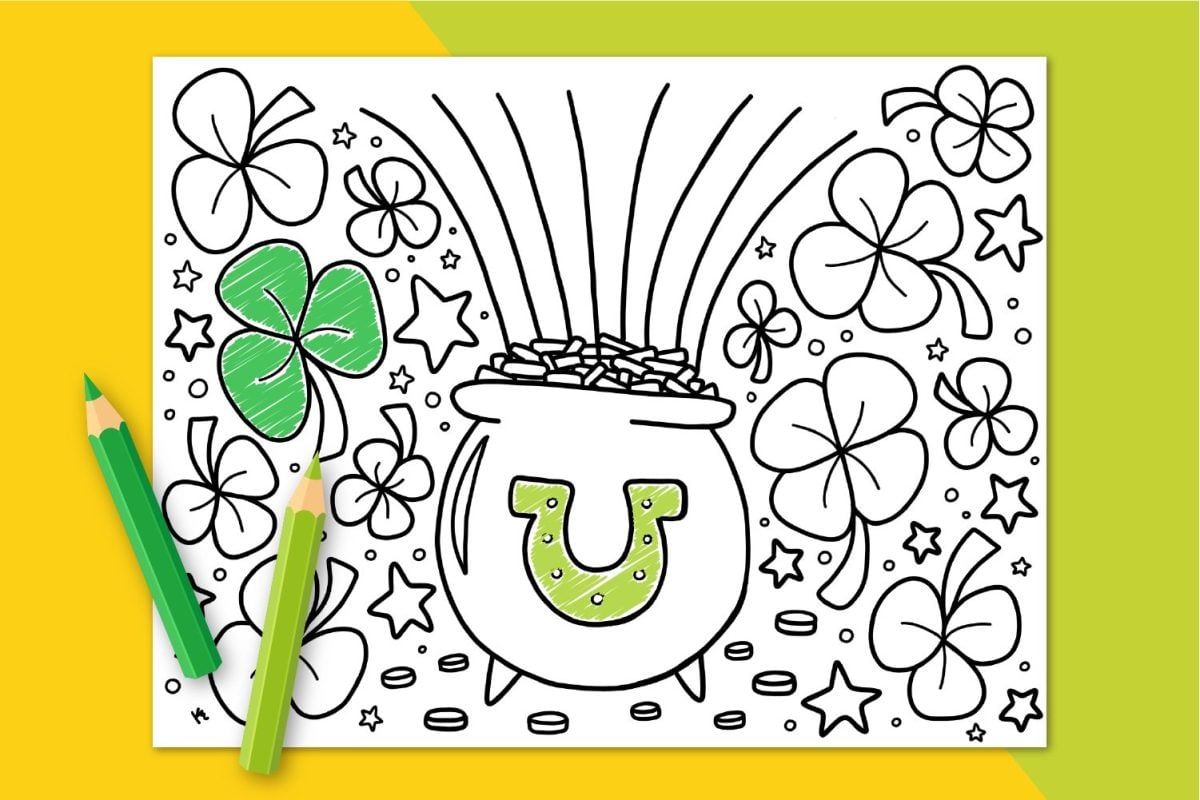 St. Patrick's Day coloring page on green and yellow background