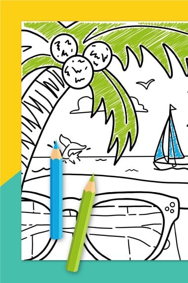 Summer coloring page on teal and yellow background