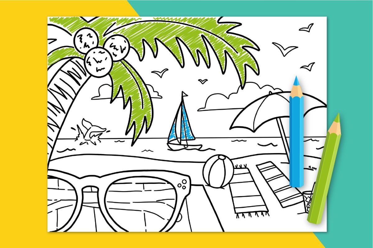 Summer coloring page on teal and yellow background