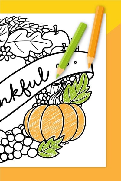 Thanksgiving coloring page on yellow and orange background