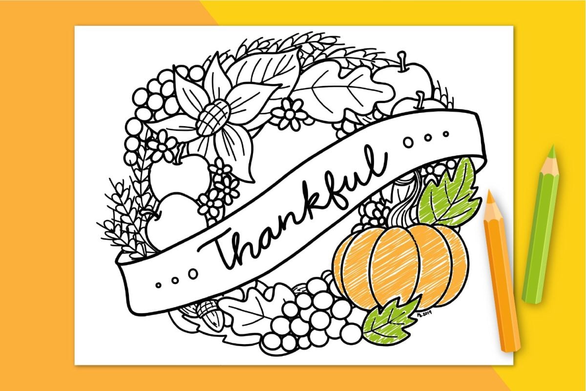 Thanksgiving coloring page on yellow and orange background