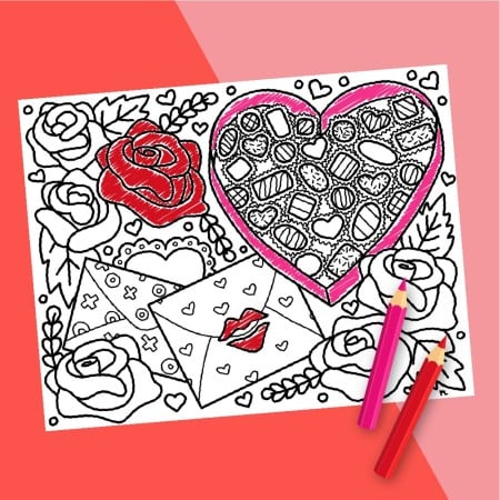 Valentine's Day Coloring Page with pink and red crayons and pink background