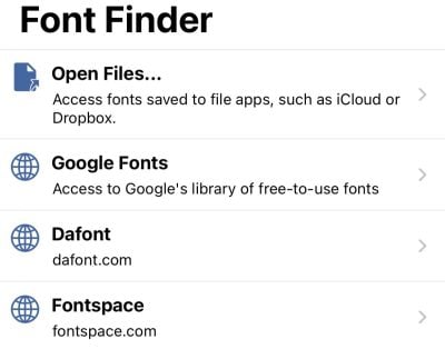 Font Finder menu in iFont