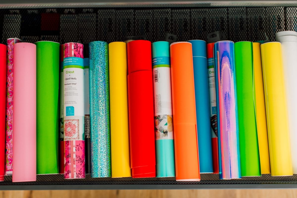 Drawer with adhesive vinyl rolls in various colors