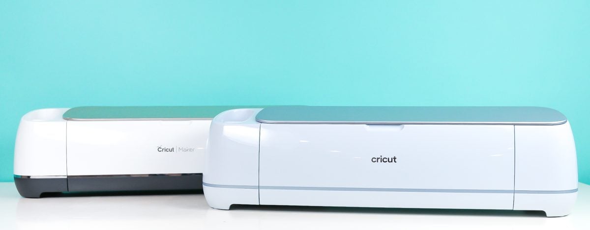 Cricut Maker and Cricut Maker 3 on white table with teal background