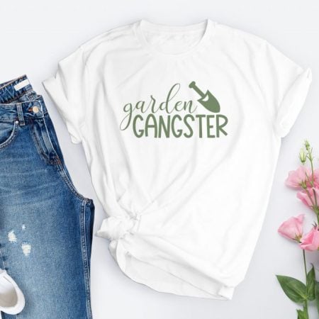 White t-shirt with the words Garden Gangster on it