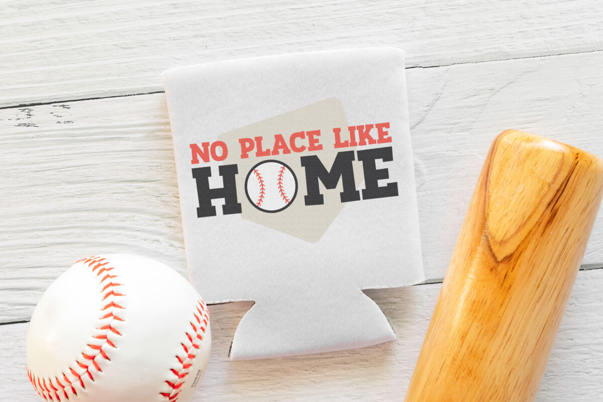 No Place Like Home Baseball SVG on a can koozie