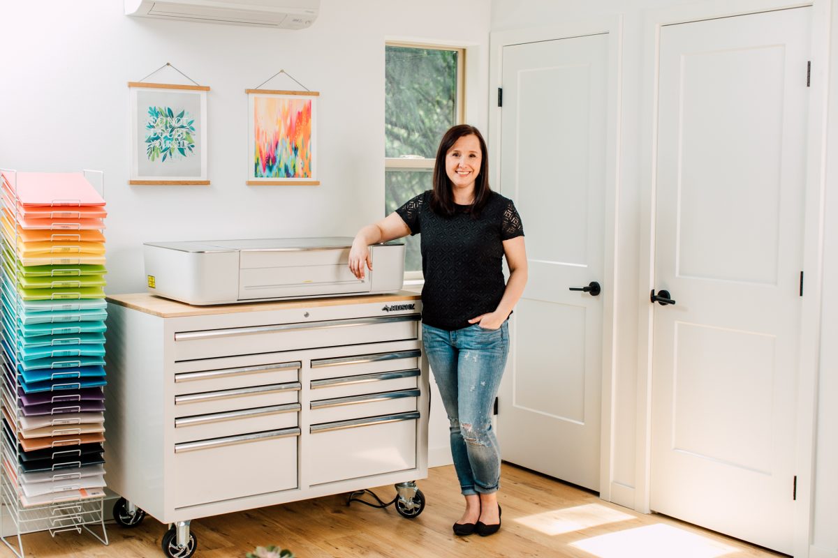 Cori George with Glowforge on Husky Cabinet.