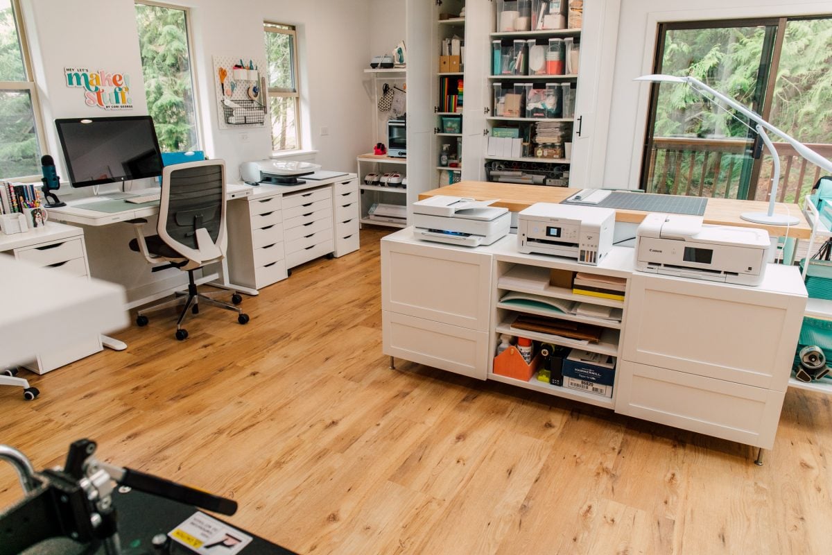 Craft room tour: Larger view of room with printer station and big Pax wardrobes