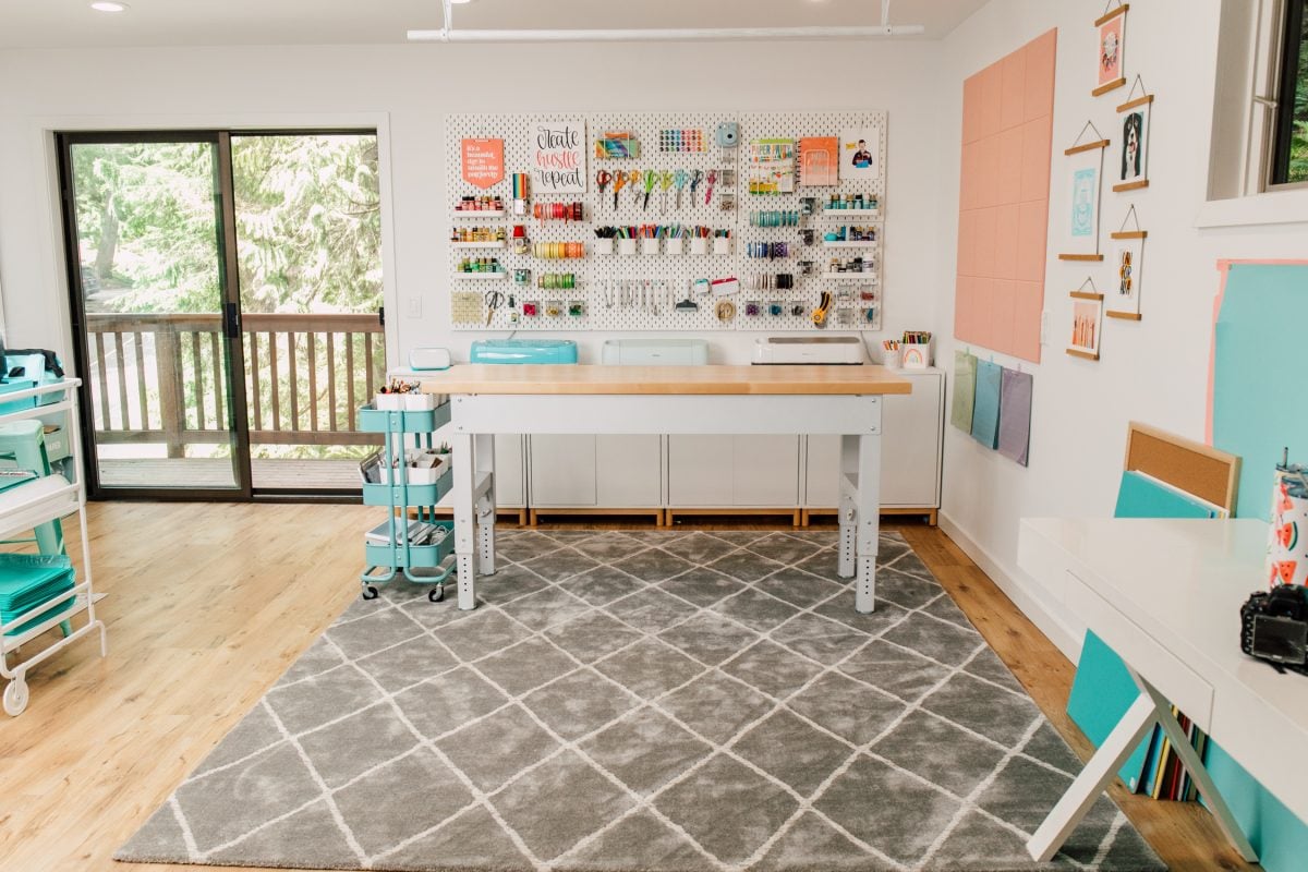 Craft room tour: Larger view of room with worktable in filming area.