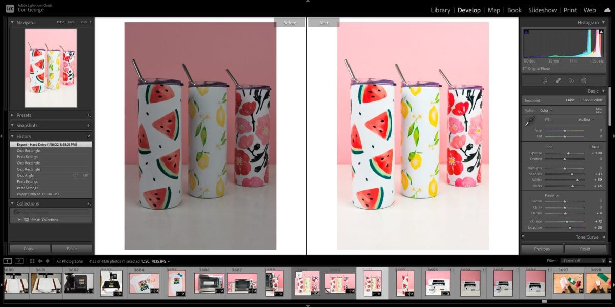 Screenshot: Lightroom showing the before and after of edited photo