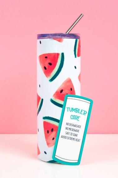 Sublimation Care Tags with watermelon tumbler on pink background