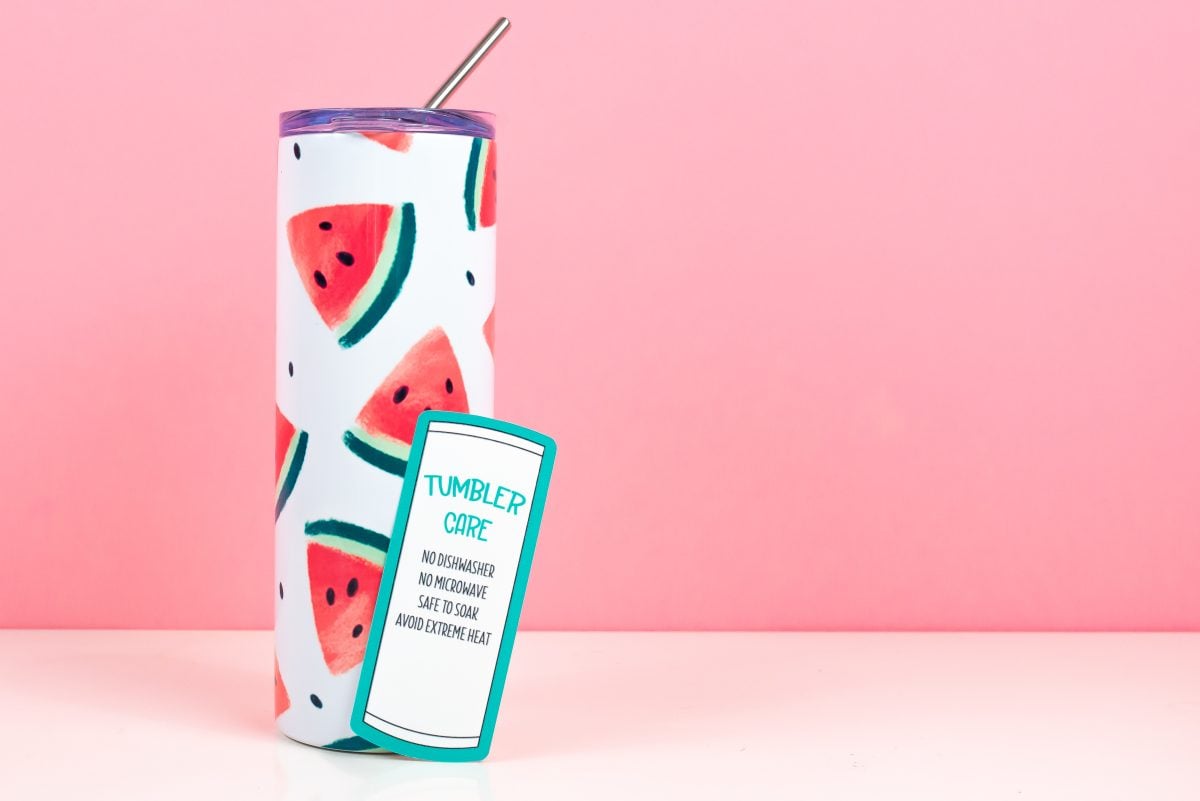 Sublimation Care Tags with watermelon tumbler on pink background