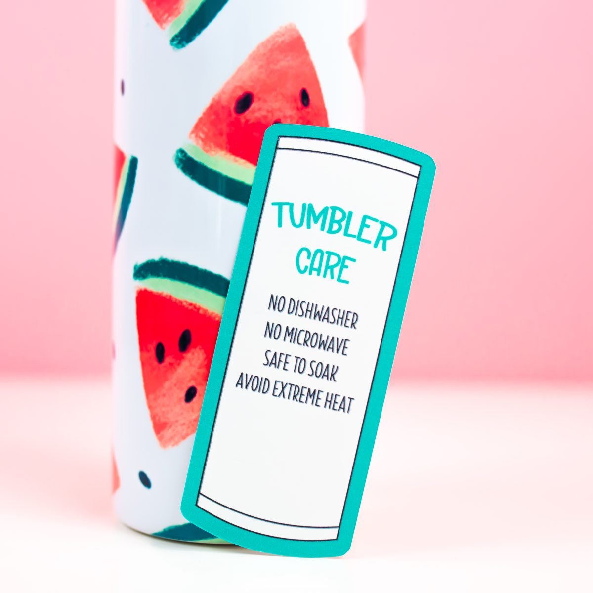 Sublimation Care Tags with watermelon tumbler on pink background