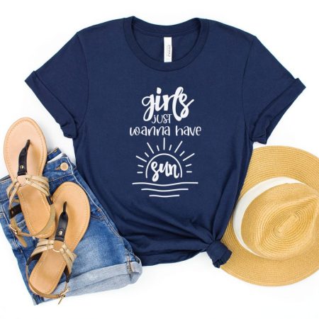 Navy t-shirt with the words Girls Just Wanna Have Sun on it
