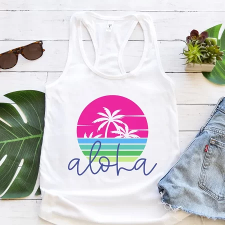 White tank top with beach image and the word Aloha on it