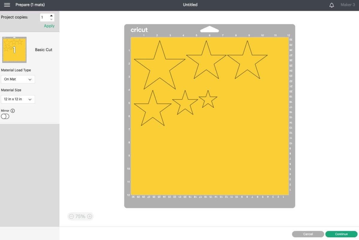 Six stars on the mat using Cricut's algorithm to save space.