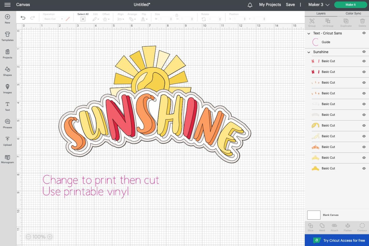 Canvas with Sunshine image and several lines of guide text.