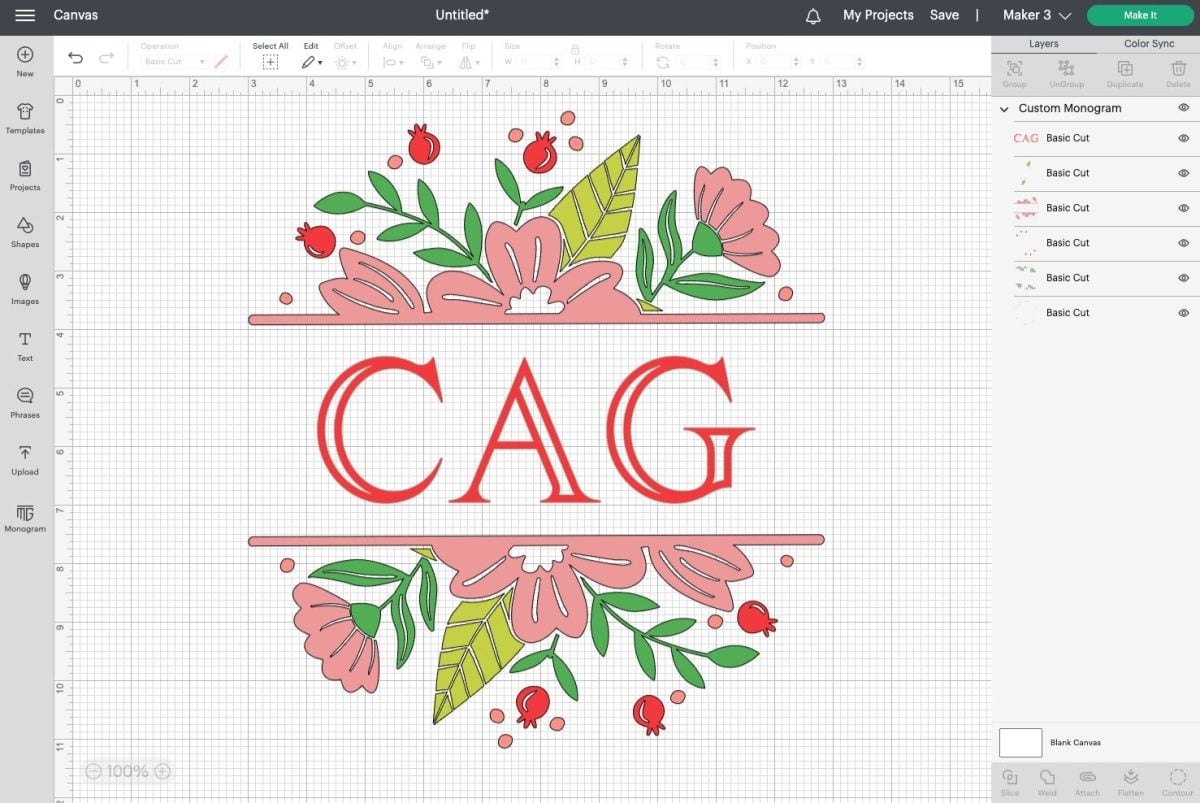 DS - Cricut Monogram Maker Large Floral Monogram on Canvas