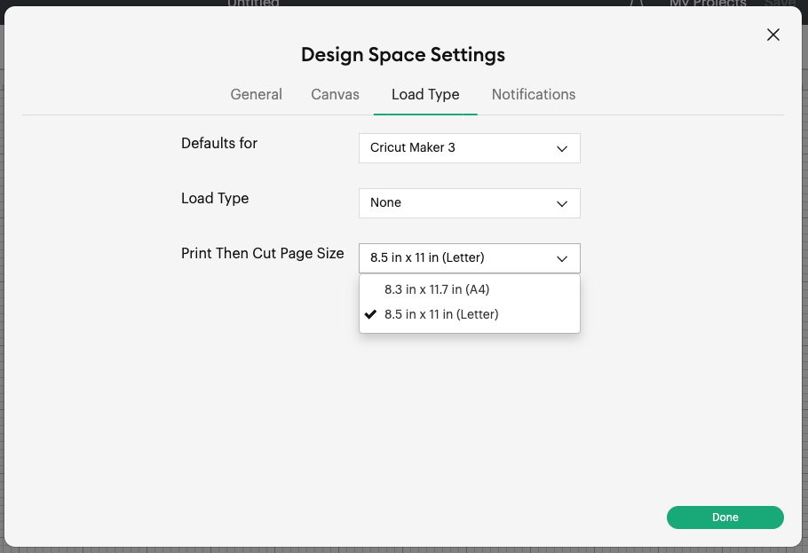 DS - Print then Cut Page Size Selection Dropdown in Menu