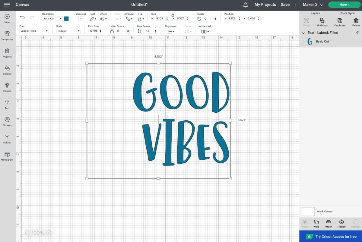 DS - Good Vibes text image in text box with right alignment