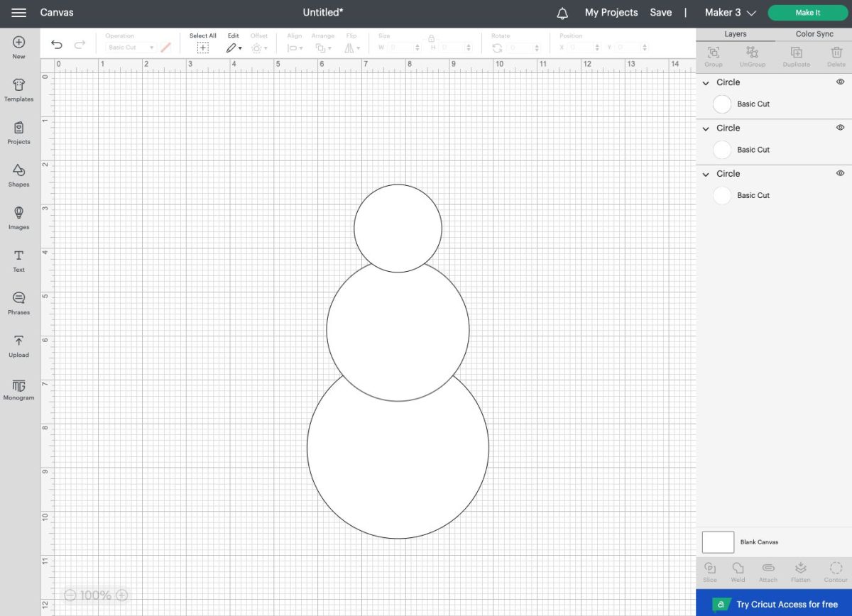 DS - three circles, resized and colored white. Overlapping to resemble a snowman.