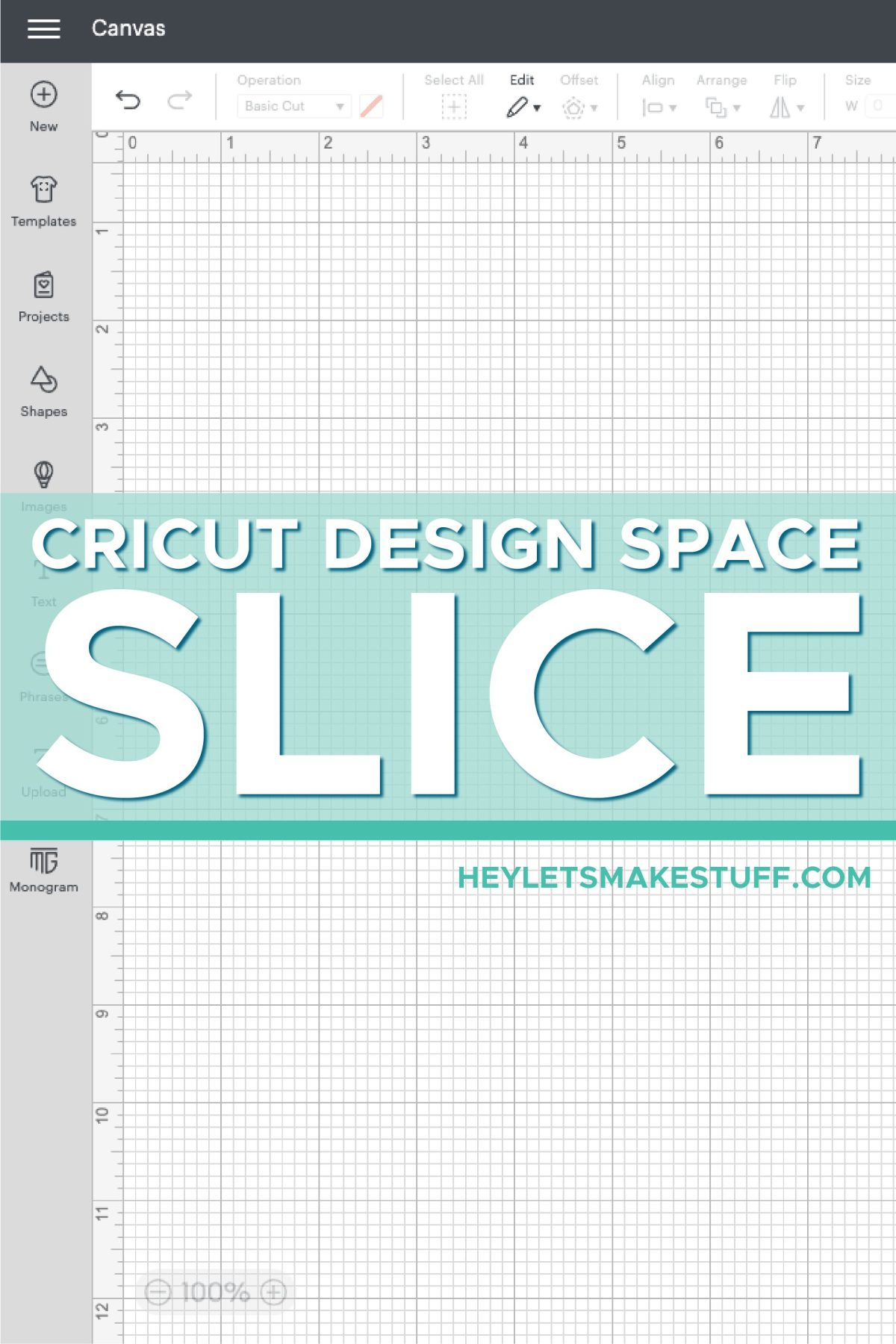 DS Canvas with "Slice in Cricut Design Space" in white text on light blue box.