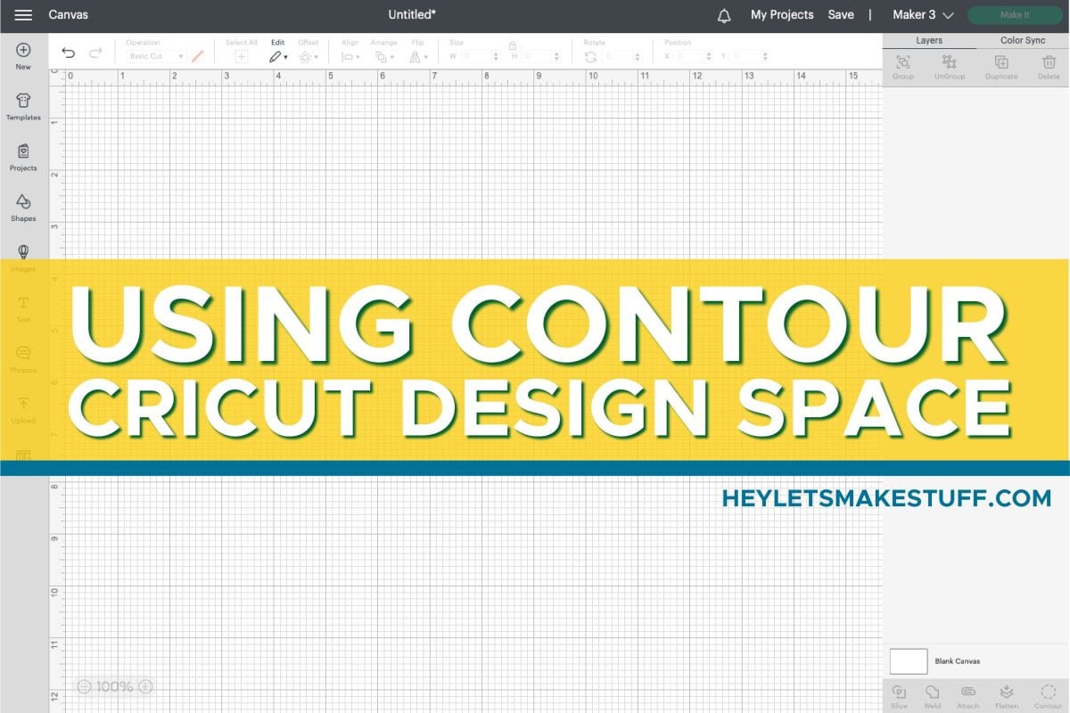 DS Canvas with "Contour in Cricut Design Space" in white text on yellow box.