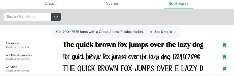 Design Space: Font dropdown showing only bookmarked fonts