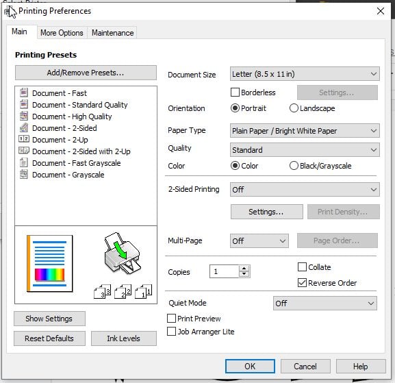 Screenshots: Printing Preferences on a PC