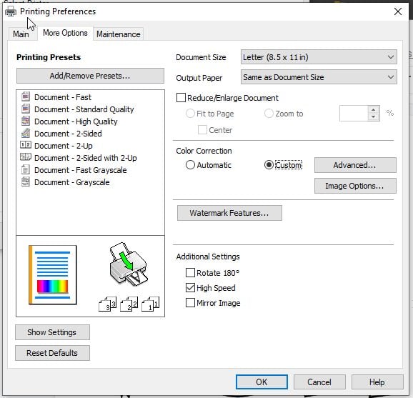 Screenshot: Printer More Options PC